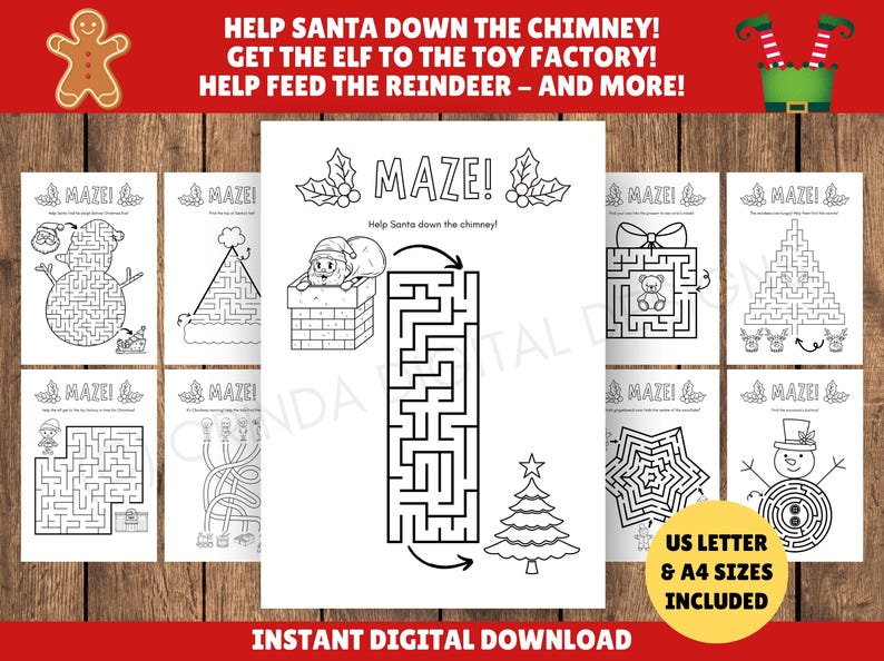May include: A collection of black and white Christmas-themed mazes. The mazes feature Santa, elves, reindeer, and other holiday elements. Text includes "Help Santa down the chimney!" and "US Letter & A4 Sizes Included."
