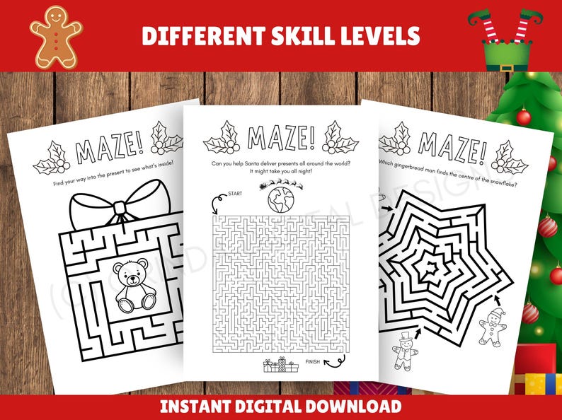 May include: Three black and white maze puzzles with Christmas themes. The puzzles are labeled "MAZE!" and feature a gift, Santa delivering presents, and a gingerbread man. The text "DIFFERENT SKILL LEVELS" and "INSTANT DIGITAL DOWNLOAD" are also visible.