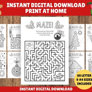May include: A collection of black and white Christmas-themed mazes, including a maze shaped like a Christmas tree, a house, and a gift box. The text "MAZE!" and "INSTANT DIGITAL DOWNLOAD PRINT AT HOME" are visible.