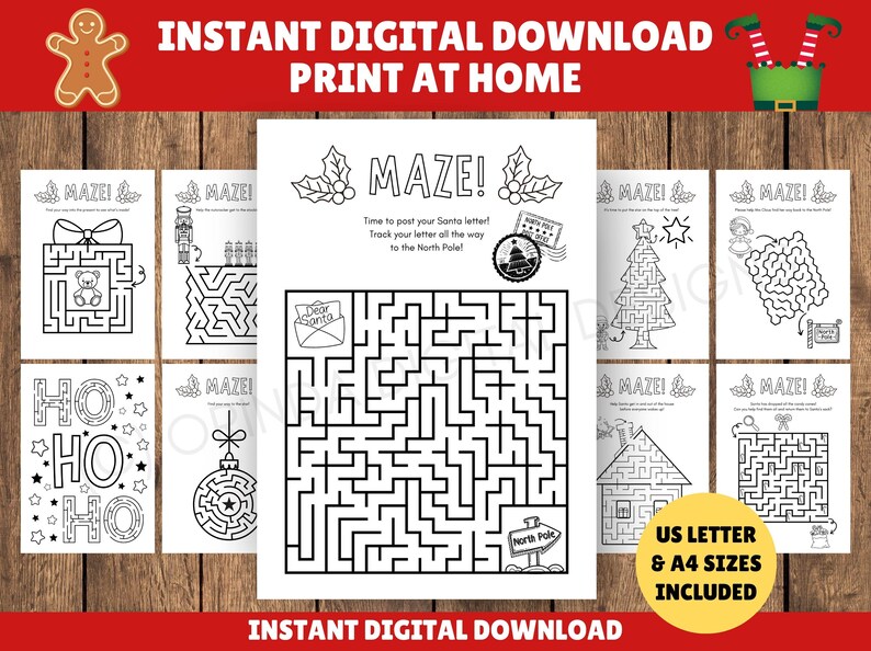 May include: A collection of black and white Christmas-themed mazes, including a maze shaped like a Christmas tree, a house, and a gift box. The text "MAZE!" and "INSTANT DIGITAL DOWNLOAD PRINT AT HOME" are visible.