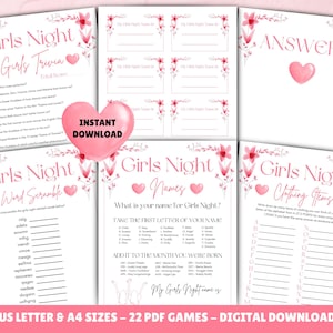 May include: A set of printable girls' night games with pink floral designs. The games include trivia, word scramble, names, and clothing items. The text "Girls Night" appears on each game card.