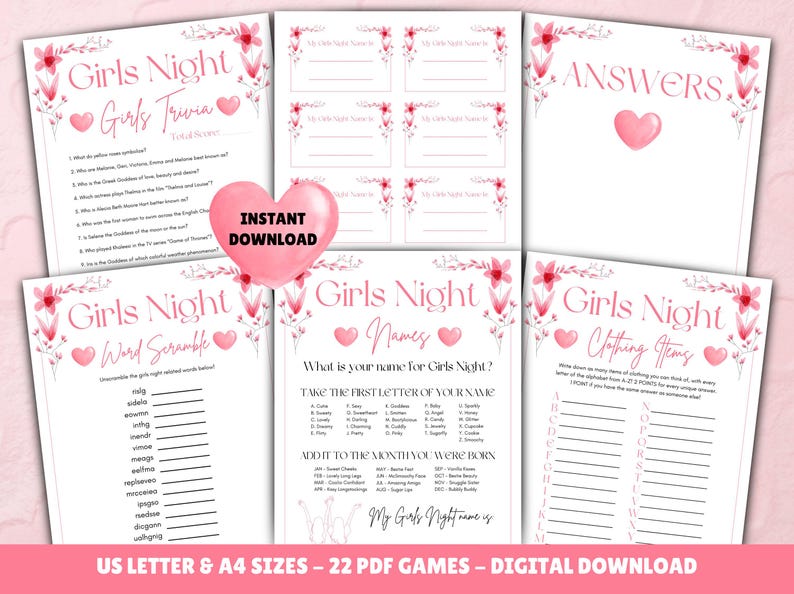May include: A set of printable girls' night games with pink floral designs. The games include trivia, word scramble, names, and clothing items. The text "Girls Night" appears on each game card.