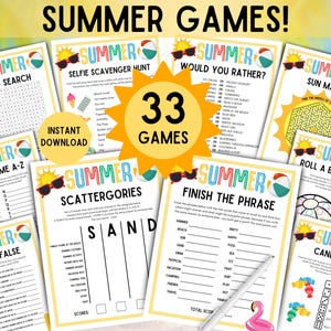 33 x Sommerspiele! DRUCKBARE Ferienspiele, Sommerparty, Sommercamp-Spiele, Scharade, Wortspiele, Trivia - Sofortiger digitaler Download