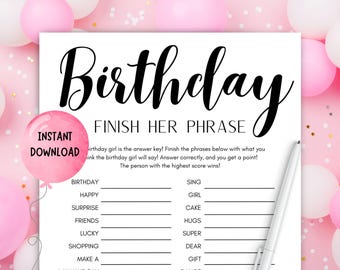 Finish Her Phrase Birthday Game! PRINTABLE Finish Her Words Party Game, Girls Birthday Game, Minimalist Modern Black White Theme Birthday