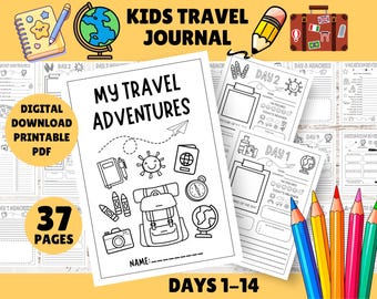 Days 1 to 14 - Kids Travel Journal - My Travel Adventures - Printable Childrens Travel Diary - DIGITAL DOWNLOAD Pdf - US Letter & A4 Sizes