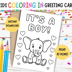 "Kinder Malkarte, ""It's a Boy"" Karte, Baby Elefant - DRUCKBARE Glückwunschkarte Baby Boy Karte - Kinder DIY Färbung Karte, neues Baby Karte - 13,5 x 18,5 cm