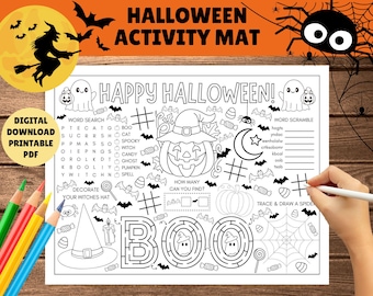 Halloween Activity Mat for Kids - Halloween Placemat - PRINTABLE PDF - Instant Digital Download - Coloring In, Games, Cute Spooky Theme