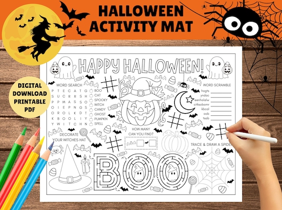 Halloween Activity Mat for Kids - Halloween Placemat - PRINTABLE PDF - Instant Digital Download - Coloring In, Games, Cute Spooky Theme