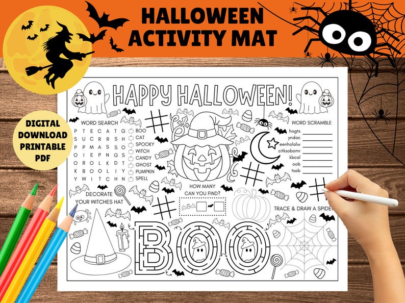 Halloween aktivitetsmatta för barn - Halloween bordsunderlägg - UTSKRIVBAR PDF - Direkt digital nedladdning - Målarbilder, spel, sött läskigt tema bild 1