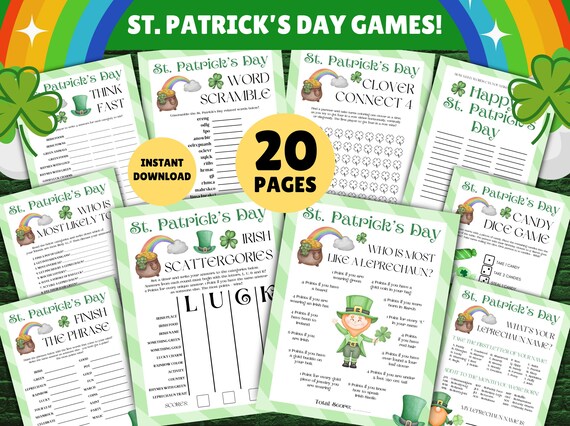 20 Pages - St. Patrick's Day Games! PRINTABLE St Patrick's Day Party Games, St Patricks Activities, St Patrick's Day Party, Friends, Kids