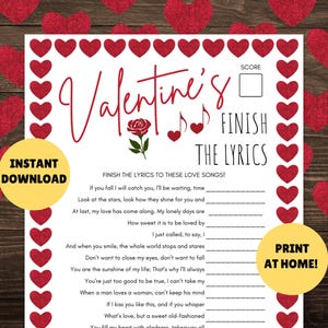 Finish the Lyrics Game! PRINTABLE Valentine's Day Finish the Love Song Lyrics Game - Valentine's Game, Activity, INSTANT DOWNLOAD