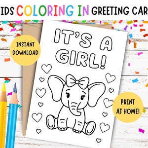 "Kinder Färbung ""It's a Girl"" Karte, Baby Elefant, DRUCKBARE Glückwunschkarte Baby Mädchen, Kinder DIY Färbung Karte, neues Baby Karte - 5 x 7 Zoll