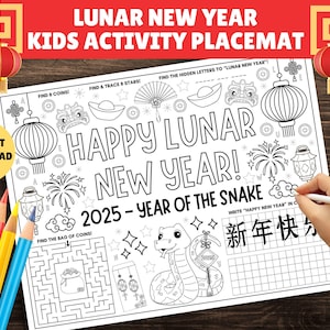 Kids Lunar New Year Activity Placemat - Lunar New Year 2025, PRINTABLE Kids Activities, Coloring for Lunar New Year Worksheet, Activity Page