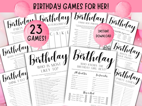 23 x Minimalist Birthday Games For Her! PRINTABLE Girls Teen Ladies Birthday Games Bundle, Modern Party Games, Black White Birthday Activity