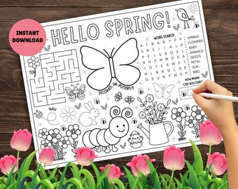 ¡Mantel individual con actividades de primavera para niños! Página de actividades de primavera para niños IMPRIMIBLE, mantel individual de primavera, página de actividades de primavera con mariposas, actividades de primavera para niños