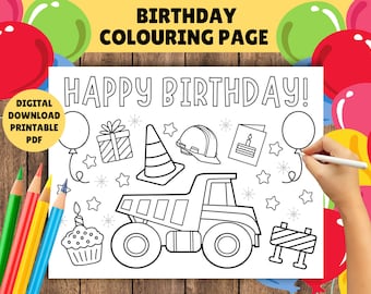 Página para colorear de cumpleaños imprimible para niños - Tema de camión de construcción - Tapete de actividades para cumpleaños infantiles - Colorear - Descarga digital