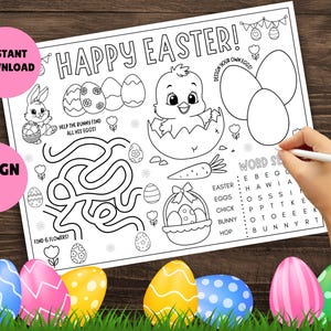 May include: A black and white printable Easter activity sheet with a bunny maze, a chick in an egg, a word search, and a design your own egg section. The text on the sheet reads "Happy Easter!" and "Design your own eggs!"