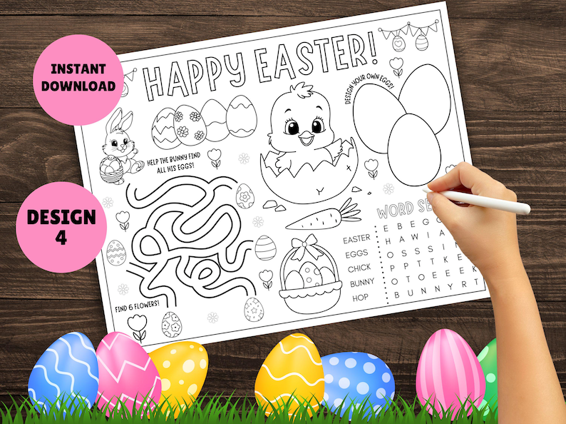 May include: A black and white printable Easter activity sheet with a bunny maze, a chick in an egg, a word search, and a design your own egg section. The text on the sheet reads "Happy Easter!" and "Design your own eggs!"