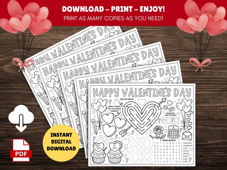 Kids Valentine's Day Activity Placemat - PRINTABLE Valentines Placemats ...
