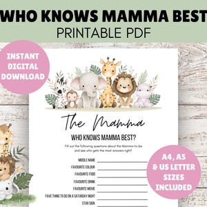 Chi conosce meglio la mamma - Tema animali della giungla per bambini - Gioco per baby shower - Attività di una pagina - PDF stampabile Download digitale istantaneo
