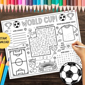 May include: A black and white printable activity sheet titled WORLD CUP! featuring a maze, a word scramble, a soccer field diagram, a jersey to color, a word search, and various soccer-themed illustrations including trophies and soccer balls.