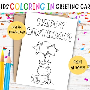 Cartão de colorir de aniversário infantil - Cartão de colorir de unicórnio infantil para imprimir - Cartão de aniversário infantil faça você mesmo - Cartão de aniversário infantil - Cartão de unicórnio - 5 x 7 POLEGADAS