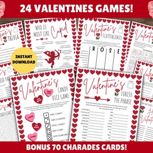 24 juegos de San Valentín - Cartas de EE. UU. - ¡Tarjetas de charadas BONUS! Paquete de juegos y actividades de San Valentín para imprimir, fiesta de San Valentín, juegos para el aula
