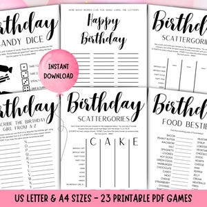 May include: A collection of printable birthday party games. The games include Candy Dice, Scattergories, and a game to describe the birthday girl from A-Z. The games are printed on white paper with black text. A pink balloon graphic says "Instant Download".