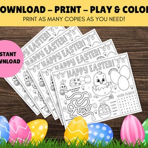 May include: A set of four printable coloring pages featuring Easter-themed activities. Each page includes the text "Happy Easter!" and features a variety of activities such as a word search, maze, and connect-the-dots. The pages are designed for children to color and enjoy during the Easter season.