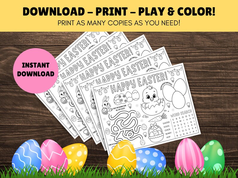 May include: A set of four printable coloring pages featuring Easter-themed activities. Each page includes the text "Happy Easter!" and features a variety of activities such as a word search, maze, and connect-the-dots. The pages are designed for children to color and enjoy during the Easter season.