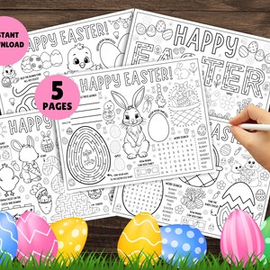 May include: Five black and white printable Easter activity pages featuring a bunny, chick, and eggs. The pages include a word search, maze, connect the dots, and coloring activities. The pages are surrounded by colorful Easter eggs.