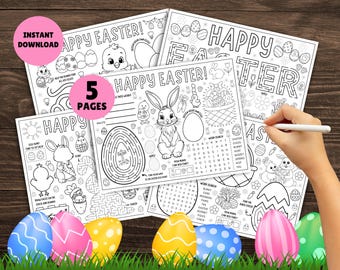 5 x Kids Easter Activity Placemats! PRINTABLE Kids Easter Activity Pages, Easter Placemats Bundle, Easter Worksheet, Kids Easter Activities