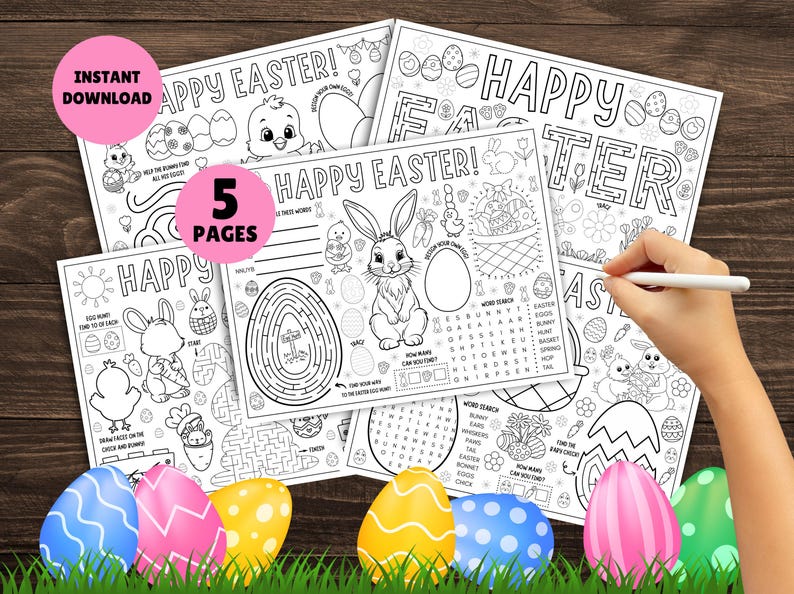 May include: Five black and white printable Easter activity pages featuring a bunny, chick, and eggs. The pages include a word search, maze, connect the dots, and coloring activities. The pages are surrounded by colorful Easter eggs.