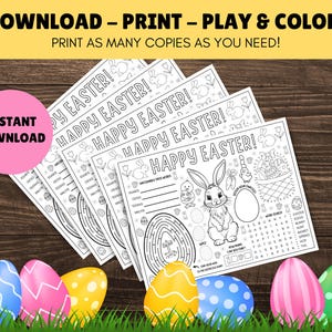 May include: Printable Easter activity sheet featuring a bunny, chick, and eggs. The sheet includes a maze, word search, and unscramble the words. The text on the sheet says "Happy Easter!"