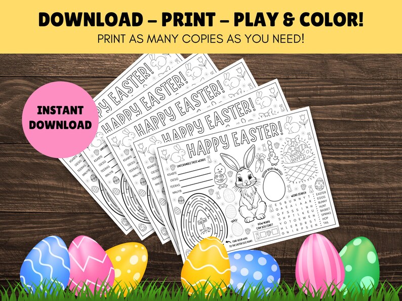 May include: Printable Easter activity sheet featuring a bunny, chick, and eggs. The sheet includes a maze, word search, and unscramble the words. The text on the sheet says "Happy Easter!"
