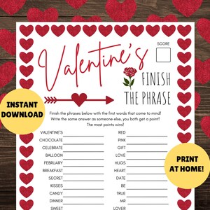 Finish the Valentine&#39;s Phrase - PRINTABLE Valentine&#39;s Finish the Phrase Game, Valentine&#39;s Day Activities, Valentines Game - INSTANT DOWNLOAD