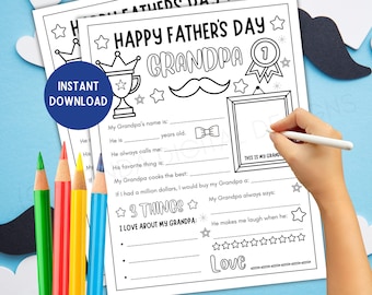 ¡Abuelo! ¡Feliz Día del Padre! Página imprimible de "Todo sobre mi abuelo" en PDF - Actividad imprimible del Día del Padre - Tarjeta para colorear DIY