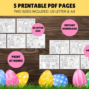 May include: Five printable PDF pages of Easter-themed coloring pages featuring bunnies, eggs, baskets, and mazes. The pages are available in two sizes: US Letter and A4. The text "Happy Easter!" appears on each page. The image also includes the text "Instant Download" and "Print at Home!"