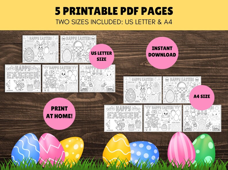 May include: Five printable PDF pages of Easter-themed coloring pages featuring bunnies, eggs, baskets, and mazes. The pages are available in two sizes: US Letter and A4. The text "Happy Easter!" appears on each page. The image also includes the text "Instant Download" and "Print at Home!"