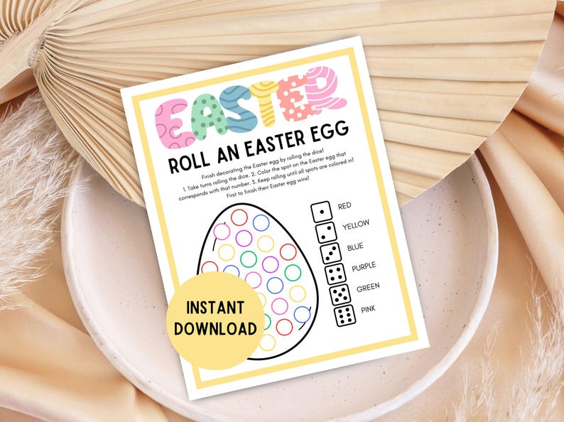 May include: Printable Easter egg game with instructions to color the egg by rolling a die. The die has different colors: red, yellow, blue, purple, green, and pink. The game is called "Roll an Easter Egg".
