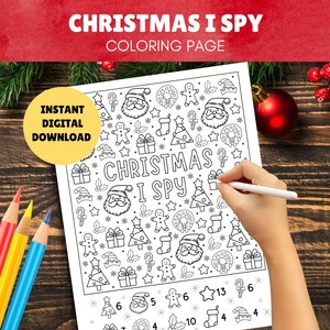 Christmas I Spy Coloring Page for Kids - Christmas I Spy Game - Printable Christmas Placemat, Colouring Page - Instant PDF Digital Download