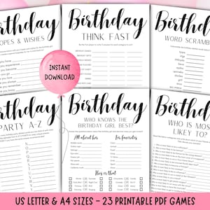 May include: A collection of printable birthday party games with a pink balloon that says "Instant Download". The games include "Hopes & Wishes", "Think Fast", "Word Scramble", "Party A-Z", "Who Knows the Birthday Girl Best?", and "Who is Most Likely To?"