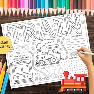 May include: A black and white train-themed activity sheet with a maze, word scramble, and word search. A red and yellow toy train is at the bottom. The words "TRAIN" and "INSTANT DOWNLOAD" are visible.