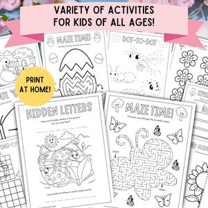 May include: A set of printable activity sheets for kids featuring a variety of themes, including mazes, dot-to-dot, tic-tac-toe, hidden letters, decorate, drawing time, spring poem, and mirror image. The sheets are black and white and ready to be printed and coloured.
