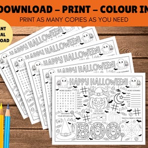 Halloween aktivitetsmatta för barn - Halloween bordsunderlägg - UTSKRIVBAR PDF - Direkt digital nedladdning - Målarbilder, spel, sött läskigt tema bild 2