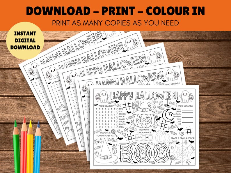 Halloween aktivitetsmatta för barn - Halloween bordsunderlägg - UTSKRIVBAR PDF - Direkt digital nedladdning - Målarbilder, spel, sött läskigt tema bild 2