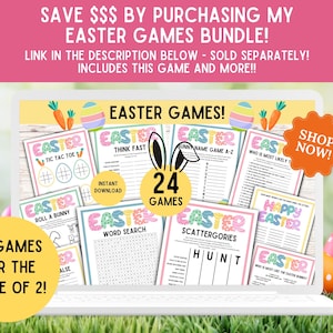 May include: A laptop screen displaying a collection of printable Easter games. The games include tic-tac-toe, think fast, a sunny name game, a word search, scattergories, and more. The text on the screen reads "24 Games for the Price of 2!" and "Shop Now!"