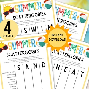4 jogos de Scattergories de Verão! Atividades com palavras de Scattergories de Verão para imprimir, categorias de verão, jogo de festa de verão, família, adolescentes, crianças