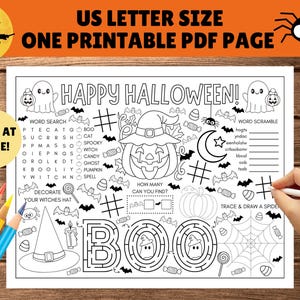 Halloween aktivitetsmatta för barn - Halloween bordsunderlägg - UTSKRIVBAR PDF - Direkt digital nedladdning - Målarbilder, spel, sött läskigt tema bild 3