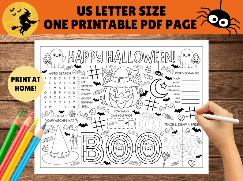 Halloween aktivitetsmatta för barn - Halloween bordsunderlägg - UTSKRIVBAR PDF - Direkt digital nedladdning - Målarbilder, spel, sött läskigt tema bild 3